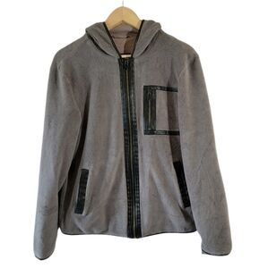 AIX Armani Exchange Gray Full-Zip Hooded Sherpa Jacket Sz M Black Leather Trim